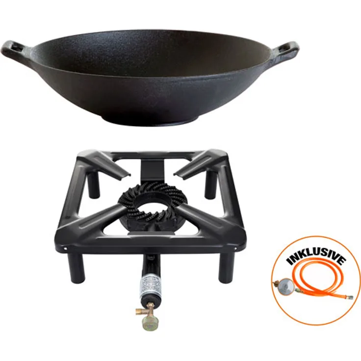 Hockerkocher-Set (groß) mit Gusseisen-Wok Ø 37 cm - inkl. Gasschlauch & Regler