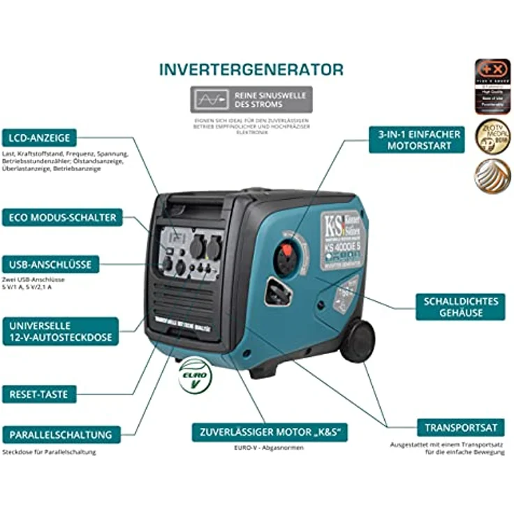 Könner&söhnen - KS 4000iE S Invertergenerator. Schalldichtes Gehäuse (68 dB Lpa 7 m). Höchstleistung 4000 W, 2x16 A (230 V), 2 USB-Anschlüsse, – Bild 4