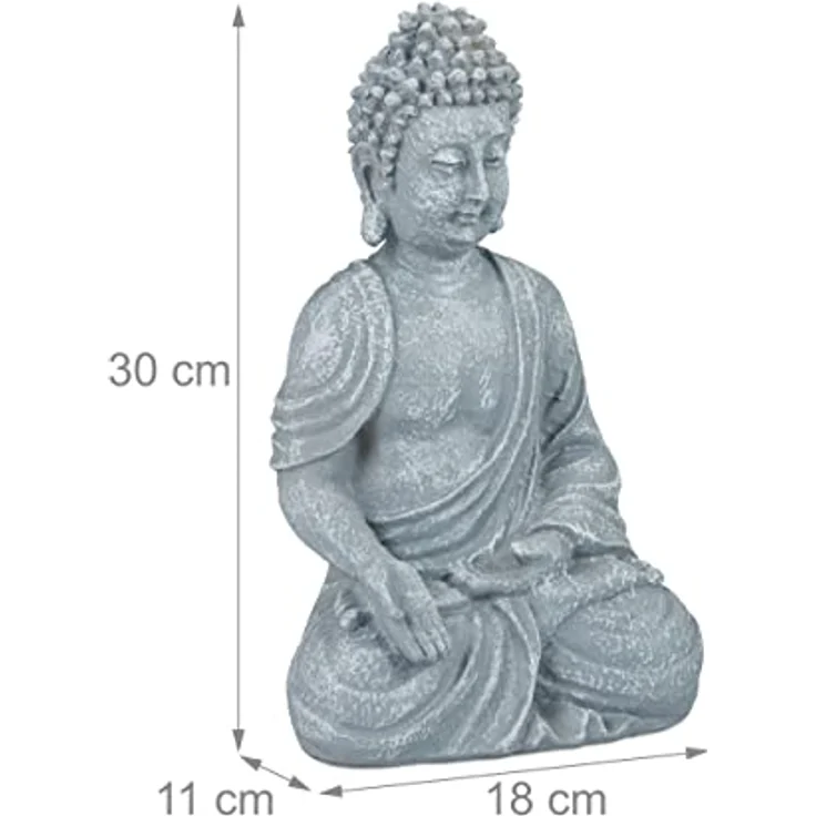 Relaxdays Buddha Figur sitzend, 30 cm, Gartenfigur, Dekofigur Wohnzimmer, Keramik, wetterfest, frostsicher, hellgrau – Bild 5