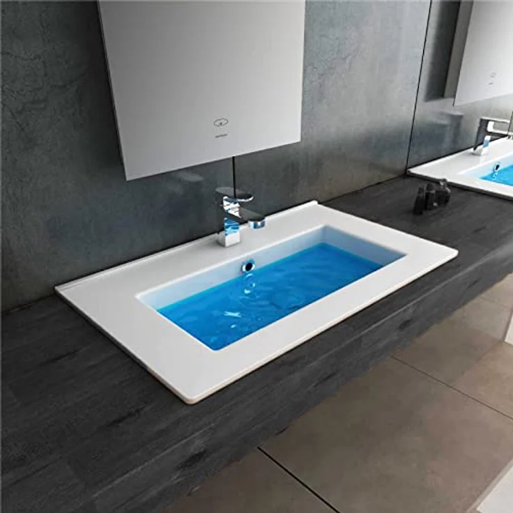 Alpenberger Nano-Beschichtung Einbauwaschbecken 61 x 36,5 cm aus Robuster Keramik | Waschbecken fürs Badezimmer & Gäste-WC | Handwaschbecken Eckig und Extra Breit mit Nano Versiegelung | Einbaubecken – Bild 2