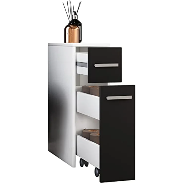 VCM Holz Badmöbel Midischrank Bad Toilette Badschrank Schublade Nischenschrank Zalo Weiß/Schwarz – Bild 4