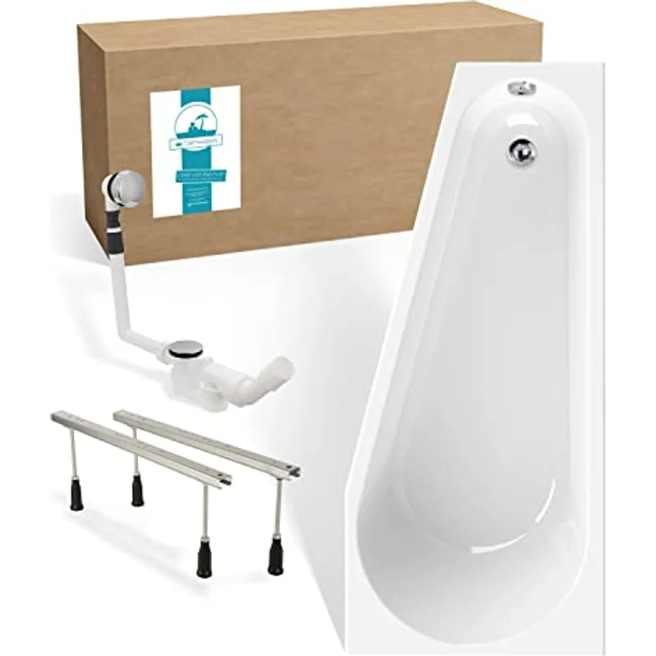Calmwaters® Raumspar-Badewannen-Set 160x70 cm mit Wannenfüßen & Ablaufgarnitur, Acrylwanne Essential Small, platzsparende Wanne, Set Badewanne komplett, 160 x 70 cm, Weiß, 99000322 – Bild 1