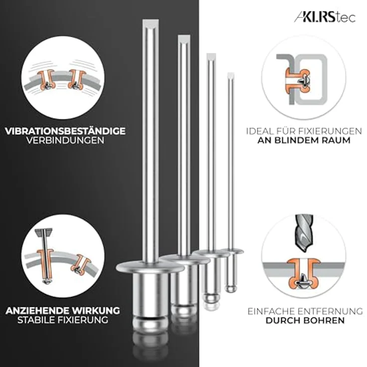 KLRS KLRStec Professional Blindnieten Set [500tlg.] Aluminium/Stahl Popnieten Set für Nietenzangen 125 Stk. jeder Größe (2,4mm, 3,2mm, 4,0mm und 4,8mm) – Bild 3