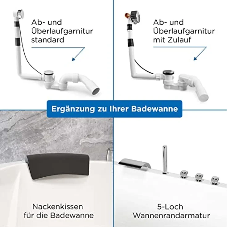 AQUADE 60027 Ab-und Überlaufgarnitur mit Zulauf für Badewannen und Whirlpools Ablauf Überlauf mit Chrom Exzenter Edelstahl Ablaufdeckel Qualität: Made in Germany, Weiss – Bild 4