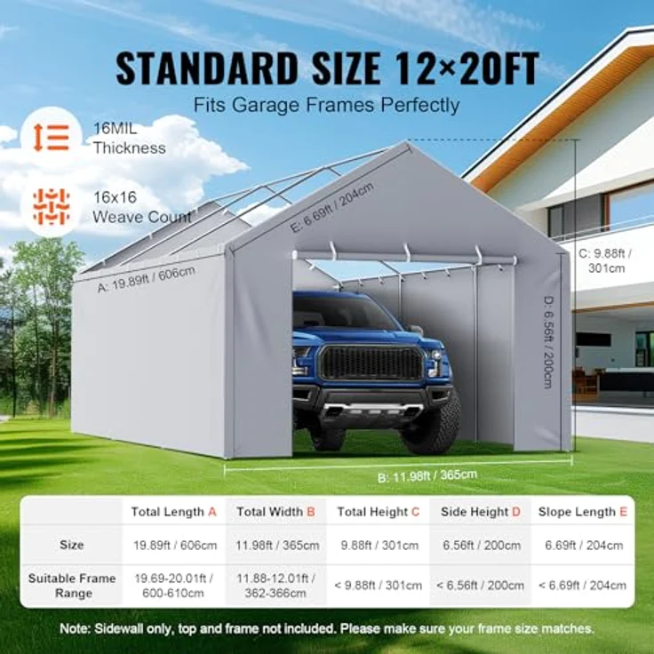 VEVOR Carport-Garagenzelt Seitenwand 610 x 364 cm, strapazierfähig, wasserdicht und UV-geschützt, grau – Bild 4