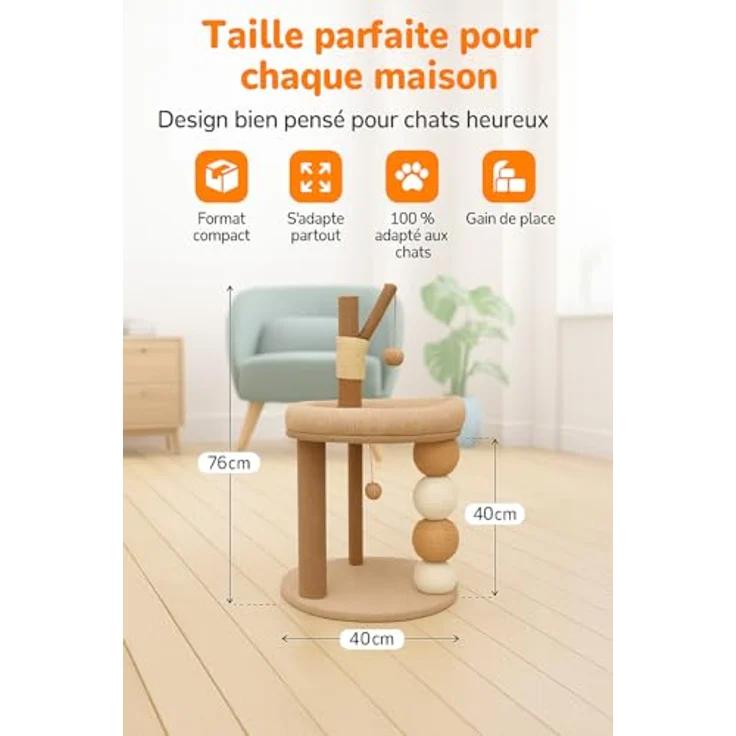 LINUMA® Kratzbaum Beige, 3-in-1 Katzenbaum mit Spielball und Kuschelbett, platzsparend für kleine Wohnungen – Bild 4