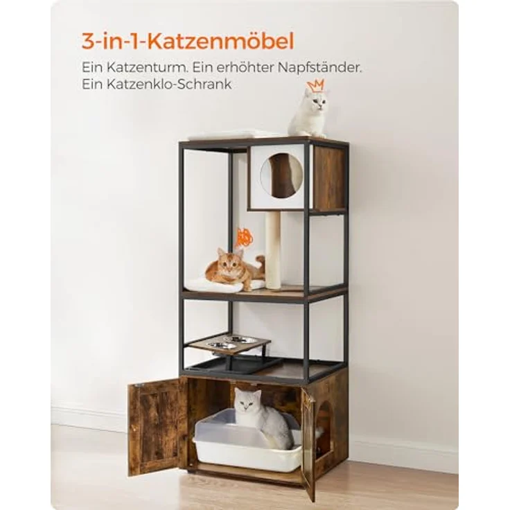 Feandrea Kratzbaum, Katzenbaum, Katzenhaus mit Katzenklo-Schrank, erhöhter Napfständer, Sisalstamm, waschbare Kissen, vintagebraun PCT312X01 – Bild 3