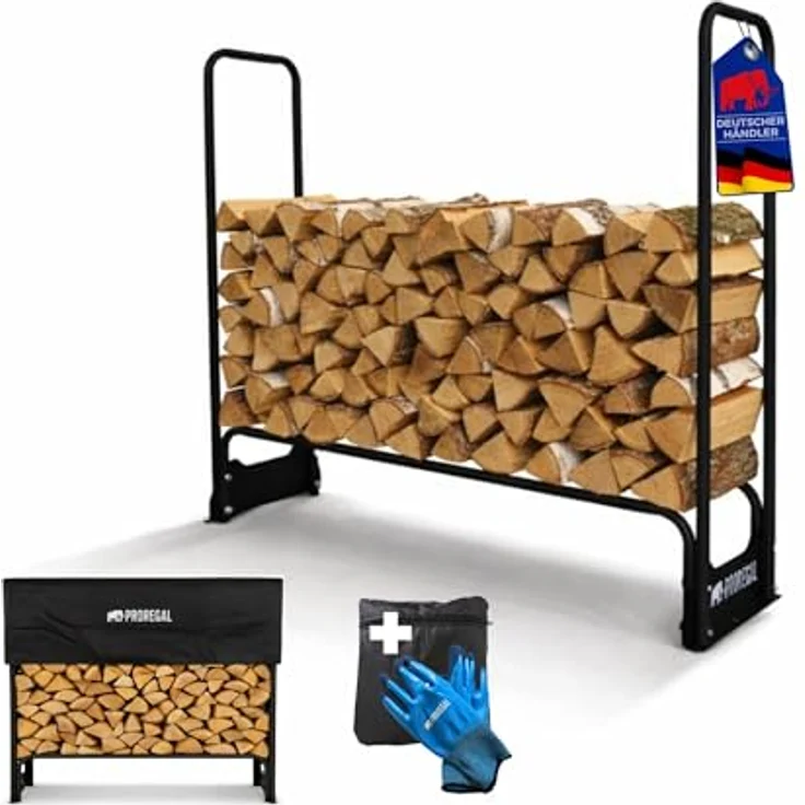 PROREGAL Kaminholzregal CHIMERA, wetterfestes Metallgestell mit Abdeckung und Handschuhen, 117x130x36cm, schwarz, für effiziente Holzlagerung im Freien – Bild 1