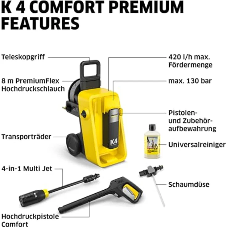 Kärcher Home & Garden K 4 Comfort Premium Hochdruckreiniger 130 bar, langlebiger wassergekühlter Motor, komfortable Schlauchtrommel mit PremiumFlex-Schlauch, 4-in-1-Multi Jet-Strahlrohr, Quick Connect-System, inkl. 1 Liter Reinigungsmittel – Bild 8