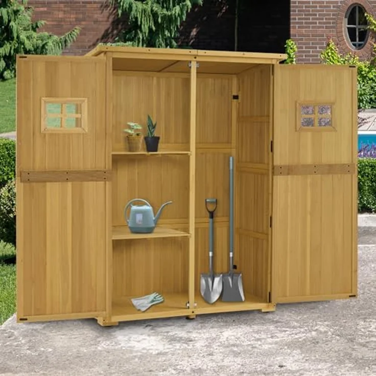 M MCombo Gartenschrank Holz 0912D-F, wetterfestes Gerätehaus mit 2 Abteilen, 59×127×168 cm, in Natur – Bild 2