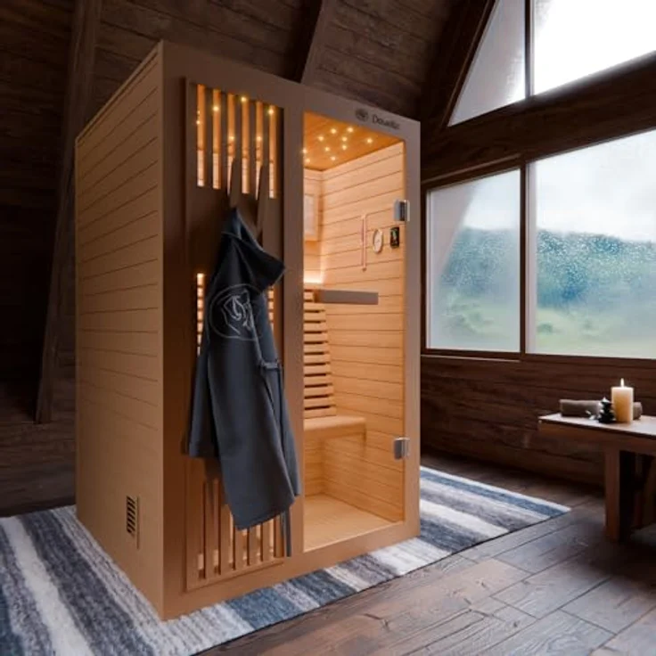 Dewello Sauna MINTO 120x120 Finnische Sauna, 2 Personen, Saunaofen, Harvia 3,5KW, BxTxH: 120 x 120 x 190 cm, Holzoptik – Bild 2