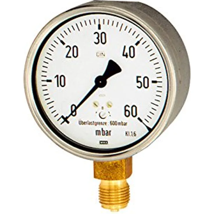 RIEGLER 102524-6842 Kapselfedermanometer, CrNi-Stahl, G 1/2 unten, 0-100 mbar, Ø 100, Überlastbarkeit bis 10-fach, für gasförmige Medien