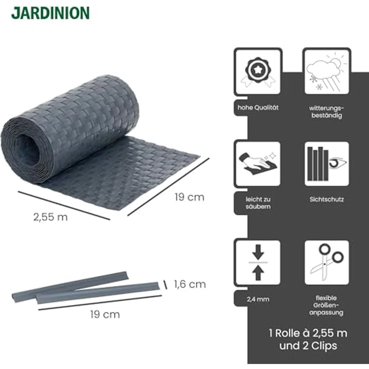 Jardinion Sichtschutzstreifen Rattan Optik 250 x 19cm Anthrazit, wetterfest und UV-beständig, inkl. 2 Befestigungsclips für Balkon, Terrasse und Gartenzaun – Bild 2