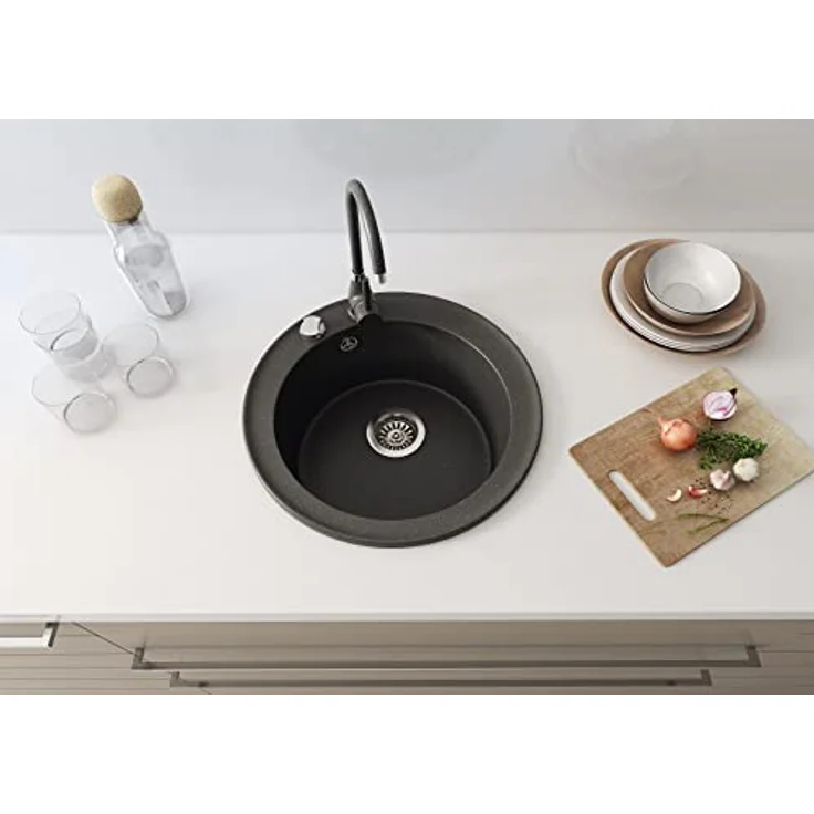 Manestein Spülbecken, Küchenspüle aus Granit, Einbauspüle, Einzelbecken mit Siphon, Fleckenbeständig und Pflegeleicht, 80% Quarzsand, 1 Becken, Rund, Ø 49, Graphit - Schwarz Gesprenkelt – Bild 2