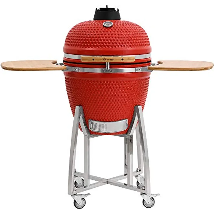BBQ-Toro Kamado Grill | Holzkohlegrill Kuro Ø 52 cm mit Bambusablage, Thermometer, stabilem Holzgriff | Keramikgrill Kamadogrill Kugelgrill (Rot)