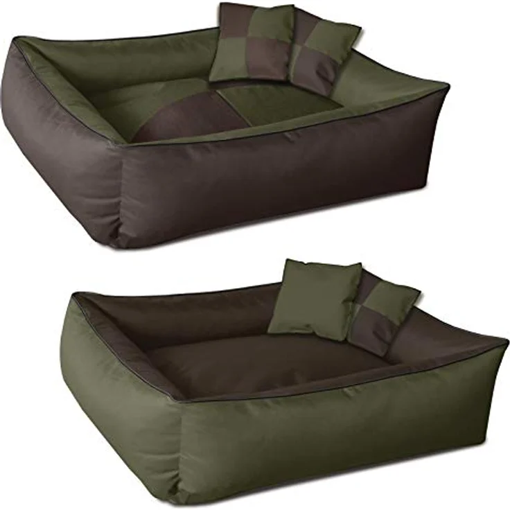 BedDog Hundebett 2in1 MAXQ, Hundekissen mit abziehbaren waschbaren Bezug, Hundekorb, Hundesofa, für kleine Hunde, M, grün-braun – Bild 1