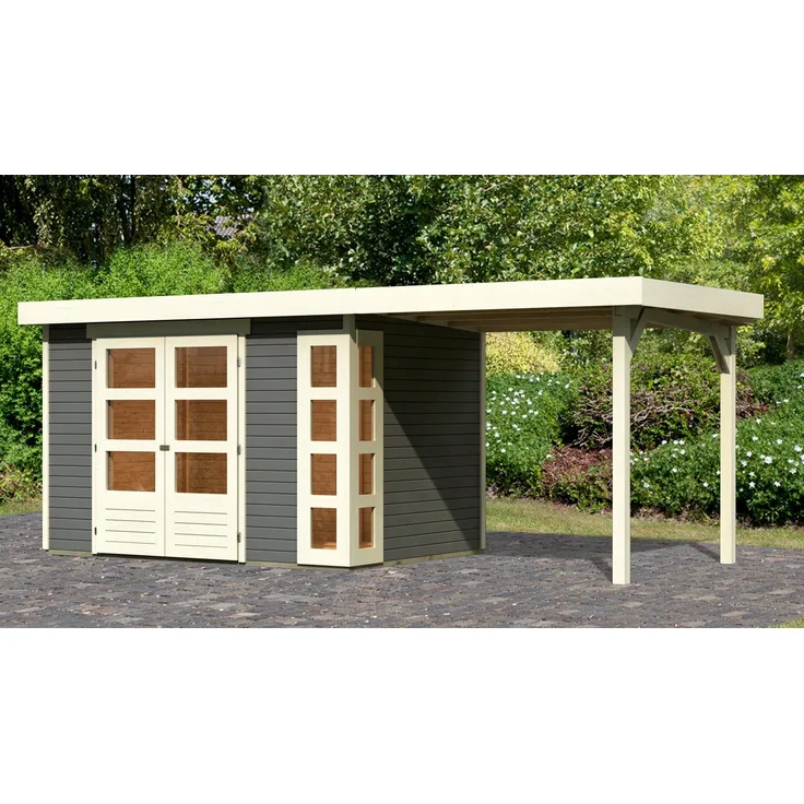 Karibu Gartenhaus Kerko 4, BxT: 554x238 cm, (Set) terragrau-naturbelassen, mit Doppelflügeltür und 8 feststehenden Fenstern