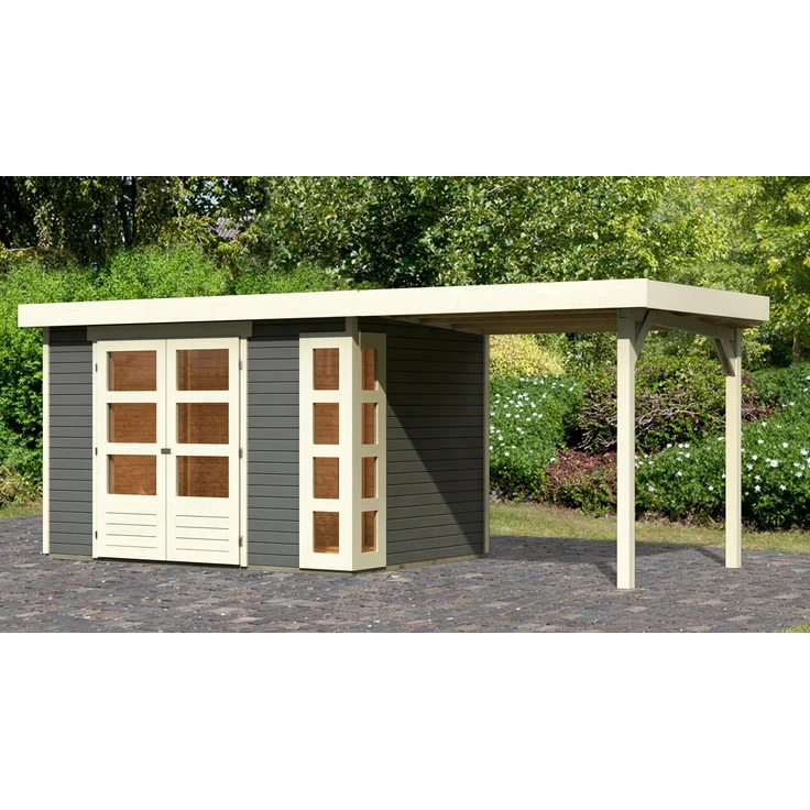 Karibu Gartenhaus Kerko 4, BxT: 554x238 cm, (Set) terragrau-naturbelassen, mit Doppelflügeltür und 8 feststehenden Fenstern