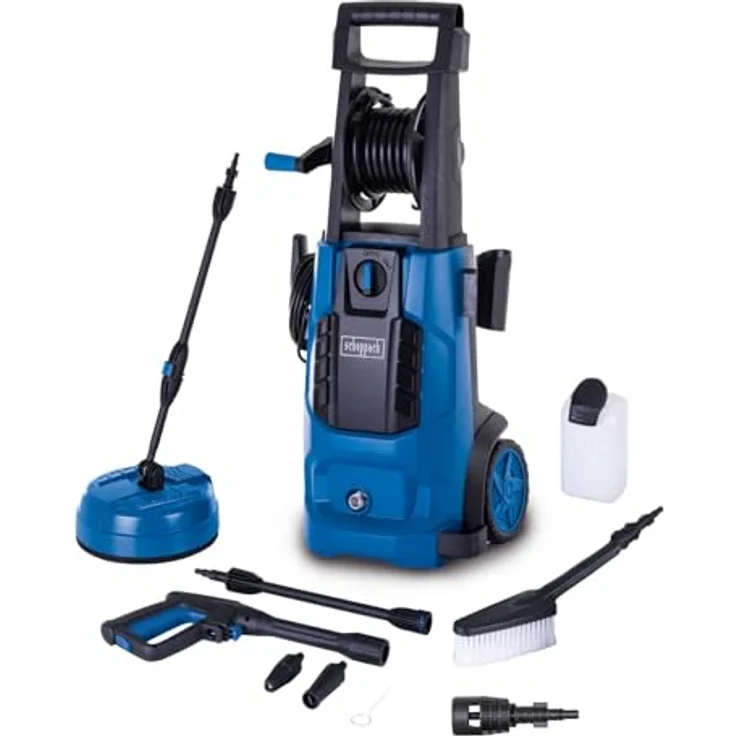 Scheppach Hochdruckreiniger HCE2600x inkl. Zubehör | 180bar Arbeitsdruck | 2400W Leistung | 5m Hochdruckschlauch | Fördermenge 480 l/h | 1150ml Reinigungstank | mobiler Flächenreiniger mit Bürsten, blau – Bild 1