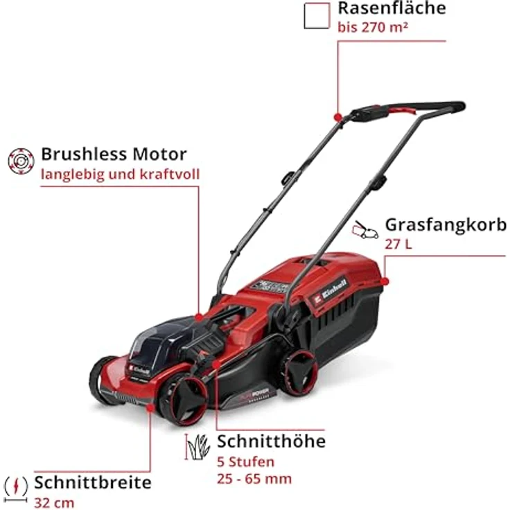 Einhell Akku-Rasenmäher GE-CM 18/32 C Li BL-Solo, geeignet für Flächen bis 270 m², bürstenloser Motor, 27-Liter-Grasfangkorb, zentrale Schnitthöhenverstellung – Bild 3