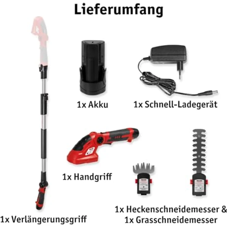 WALTER Akku Heckenschere/Grasschere mit stufenloser Teleskopstange (bis 120 cm), 12V Li-Ion, 1200 U/min, Laserschneidmesser, 160 mm Schnittlänge, inkl. Akku und Schnellladegerät – Bild 7