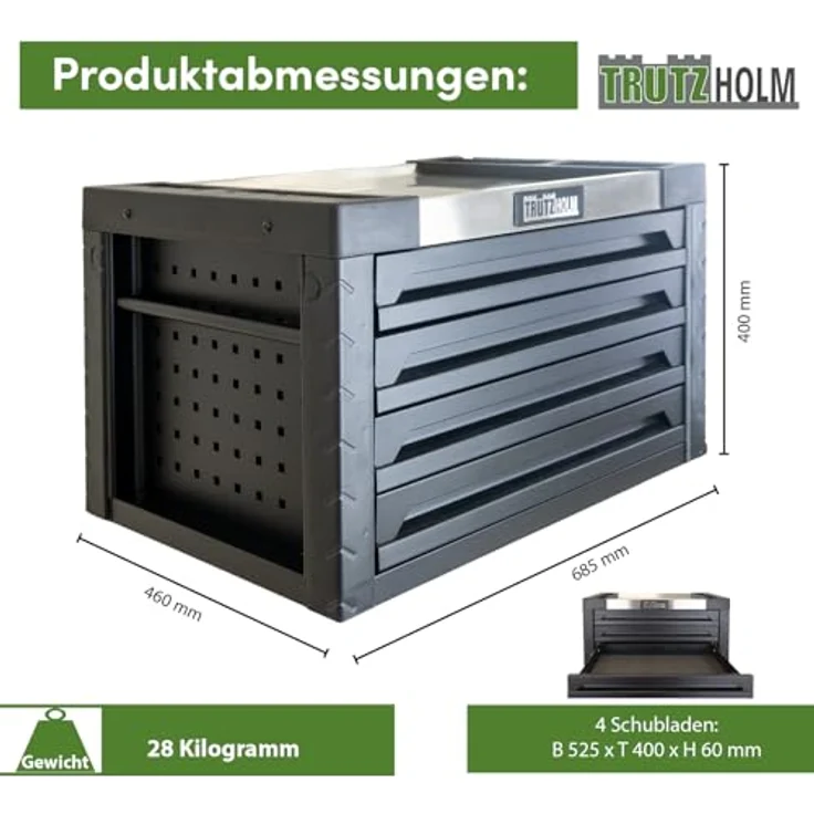 TRUTZHOLM Werkstattwagen Werkzeugkiste 4 Schubladen ca. 68 x 46 cm leer schwarz Aufsatz Werkzeug, Vollauszug – Bild 2