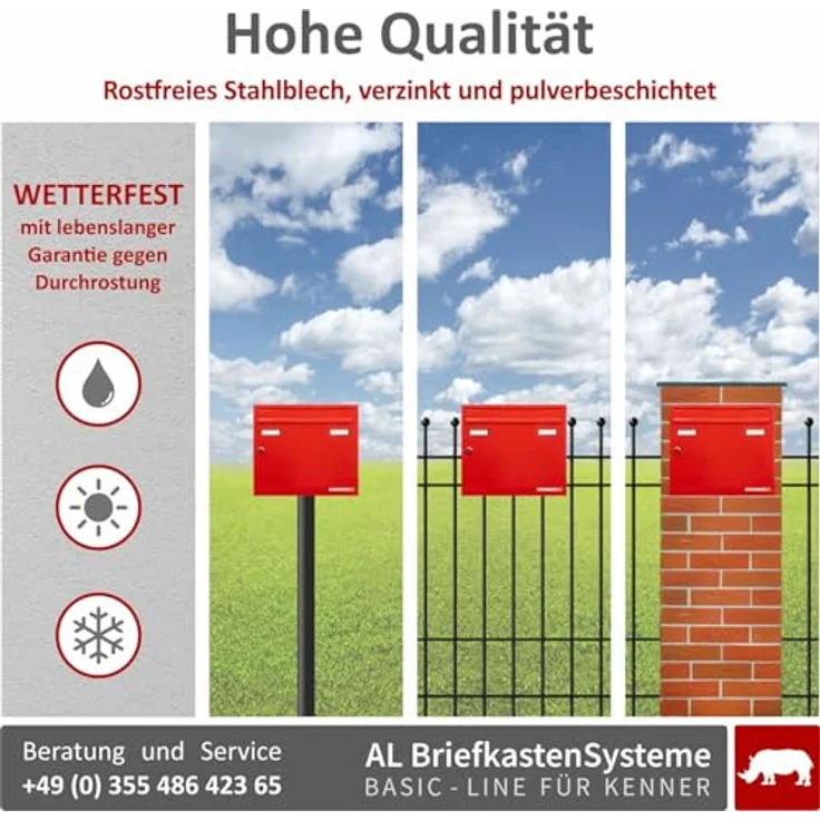 AL Briefkastensysteme Briefkasten rot RAL 3000 Basic 1er Briefkasten mit Namensschild und Schloss 1 Fach DIN A4 wetterfest - Postkasten Mailbox – Bild 2