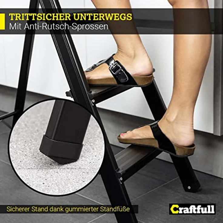 Craftfull CRÄFTFULL Alu Stehleiter CF-133A | 6 Stufen BlackEdition - Klappleiter mit Ablage - Haushaltsleiter - Aluleiter - 150 Kg - Trittleiter 2-6 Stufen – Bild 4