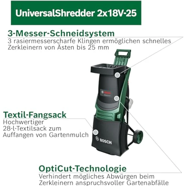 Bosch Home and Garden UniversalShredder Akku, Akku-Häcksler mit gehärteten Stahlmessern und OptiCut-Drehzahlsteuerung – Bild 3