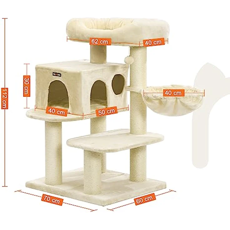 Feandrea Kratzbaum mit XXL Aussichtsplattform, Liegemulde, große Kuschelhöhle, verstellbare Elemente, extra Dicke Stämme komplett mit Sisal umwickelt, Katzenbaum, stabil, beige PCT01M – Bild 4
