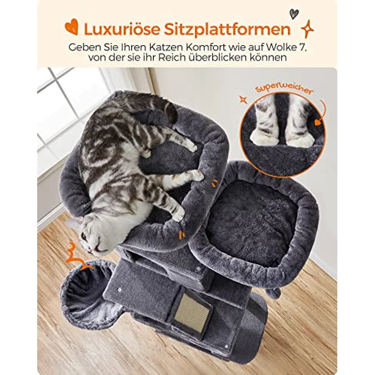 Feandrea Kratzbaum groß, 206 cm hoch, XXL Katzenbaum, mit 13 Kratzsäulen, 2 Plattformen, 2 Höhlen, Korb, Hängematte, Plüschbälle, mehrstöckiger Katzenkratzbaum, rauchgrau PCT190G01 – Bild 3