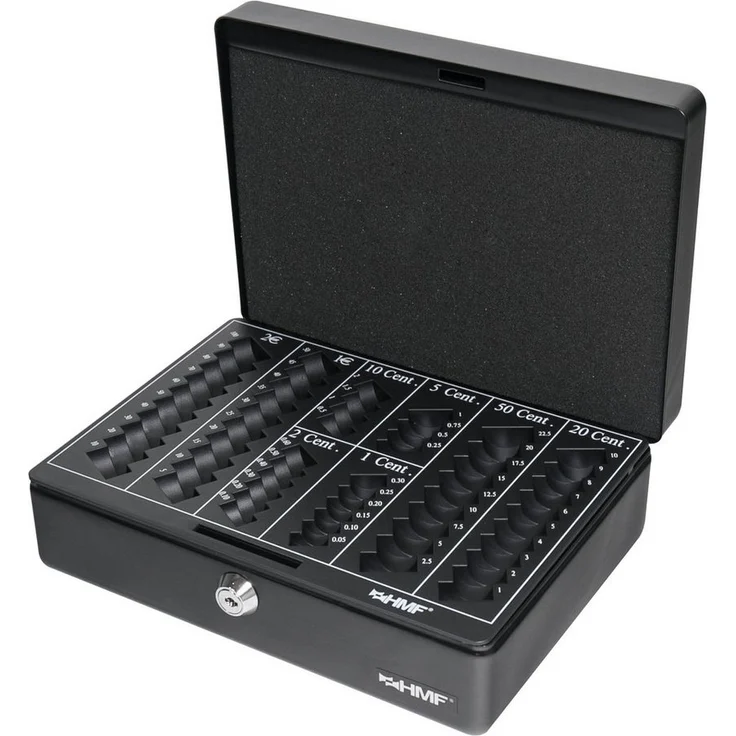HMF Geldkassette 208, abschließbare Bargeldkasse mit Euro-Münzzählbrett, 25 x 18 x 9 cm, schwarz – Bild 1