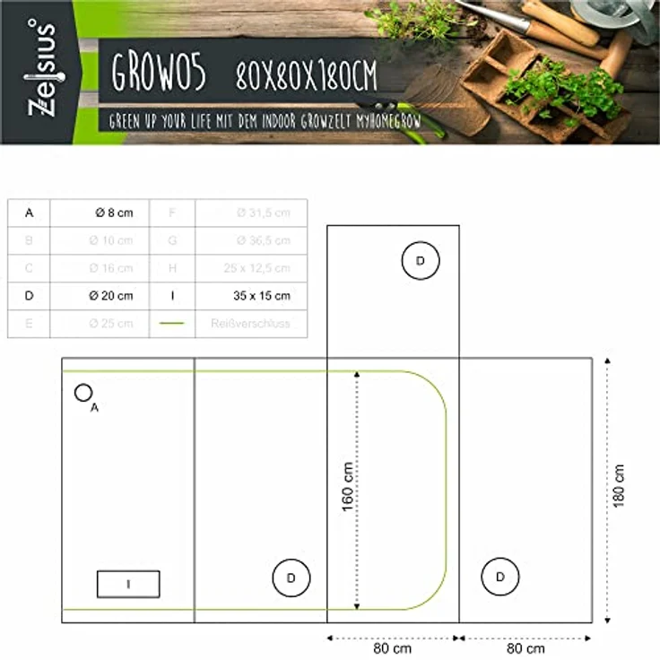 Zelsius Gewächshaus Grow Tent 80 x 80 x 180 cm grau/schwarz Pflanzenzucht Indoor – Bild 2