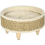 PawHut Erhöhtes Haustiersofa, Luxus katzensofa mit waschbarem Kissen, Haustierbett Hundeliege mit Seegrasseil und Holzbeine, Hundecouch, Rund, Indoor, Beige+Khaki, 48 x 48 x 24,5 cm