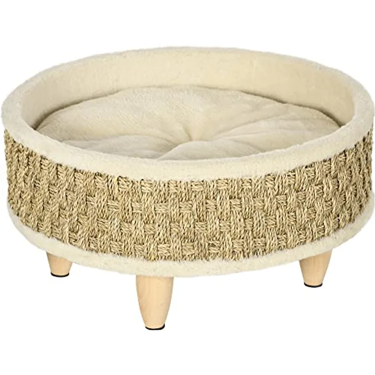 PawHut Erhöhtes Haustiersofa, Luxus katzensofa mit waschbarem Kissen, Haustierbett Hundeliege mit Seegrasseil und Holzbeine, Hundecouch, Rund, Indoor, Beige+Khaki, 48 x 48 x 24,5 cm