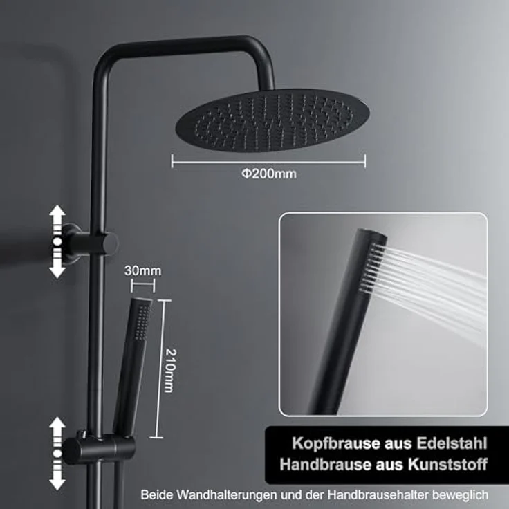 Görbach Edelstahl Duschset Regendusche Duschsystem, schwarze Kopfbrause 20 cm, verstellbare Duschstange, XXL Duschablage – Bild 3
