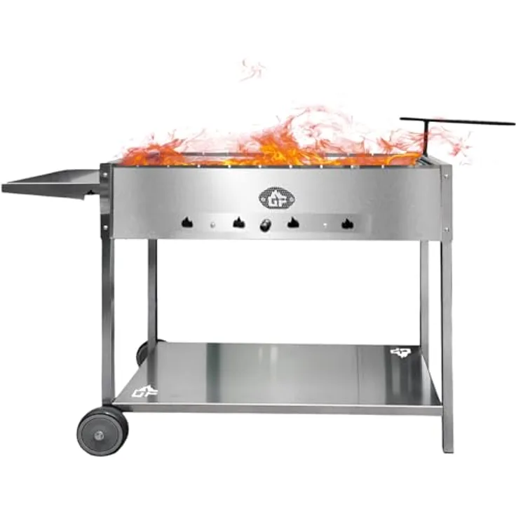 Grillpeter Mangal Batyr Deluxe 80 cm, Edelstahl Schaschlikgrill mit Ablage, Kasanhalter und herausnehmbarer Grillwanne