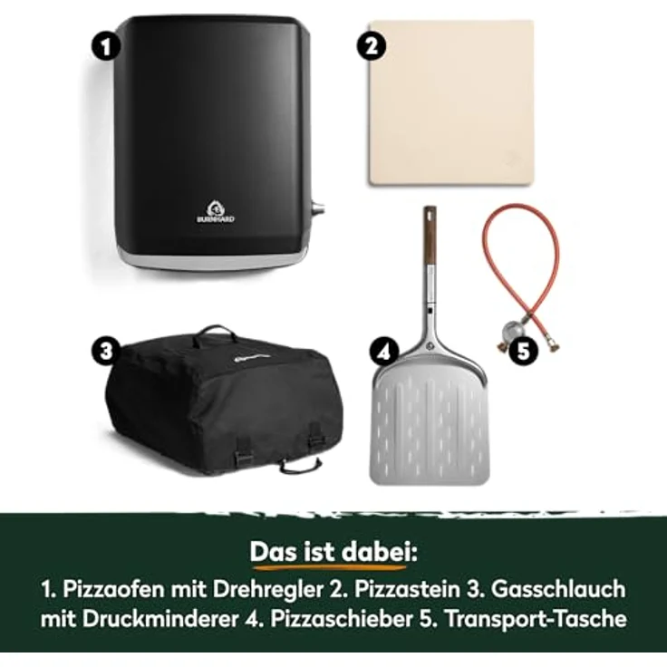 BURNHARD Gas-Pizzaofen TONY, 450 °C, 5,9 kW, Cordierit-Pizzastein 33 cm, inkl. Pizzaschieber & Abdeckhaube, Edelstahl-Ummantelung – Bild 4