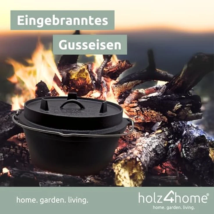 holz4home 9-teiliges Dutch Oven Set I 4,3L Feuertopf Gusseisen in Holzkiste I Pfanne Grillplatte Kochtopf Deckelheber Reinigungsbürste, Robustes Gusseisen, Vielseitige Anwendung, Hervorragende Wärmespeicherung, Pflegeleicht, Praktisches Zubehör – Bild 4