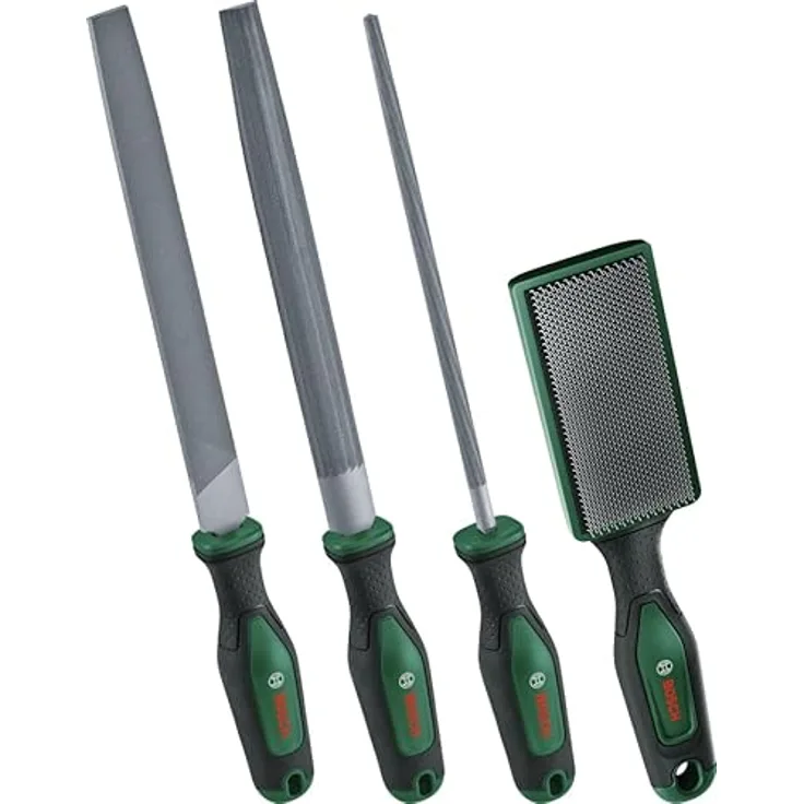 Bosch Home and Garden 1600A034GM Feilen-Set 200mm, 4-teilig mit Bürste, ergonomische Griffe, für Metallbearbeitung