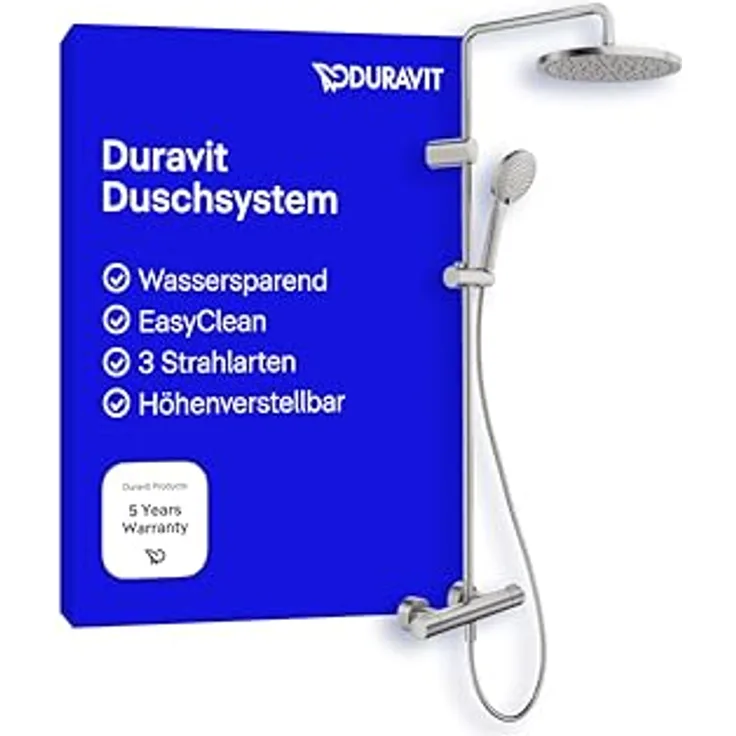 Duravit Shower Systems Duschsystem, Aufputz-Wandmontage mit Thermostatkartusche, höhenverstellbare Handbrause, 3 Strahlarten, inklusive HeatLock-Funktion und EasyClean-Technologie