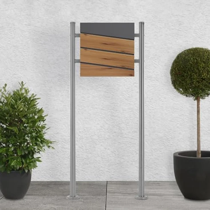 ECD Germany Standbriefkasten mit Zeitungsfach, Design Briefkasten mit Pfosten, Briefkastenanlage, Silber metallic 120 cm aus Edelstahl, Anthrazit-Holzoptik aus Stahl – Bild 1