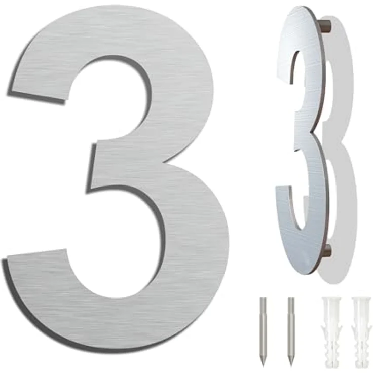 Ywonoby Edelstahl Hausnummer Ziffer 3, wetterfest in metallic mattem Silber, moderne schwebende Optik, einfache Installation, Höhe 102 mm – Bild 1