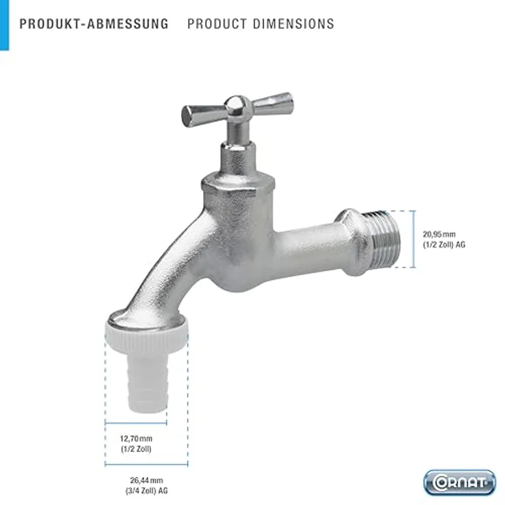 Cornat Kugelauslaufhahn - 20,95 mm (1-2 Zoll) AG - Inklusive Schlauchanschluss - Hochwertiges Messing - Ideal als Außenzapfstelle - Zapfhahn für Regentonnen - Wasserhahn - Absperrhahn - FLOR92590 Bewässerungszubehör – Bild 3