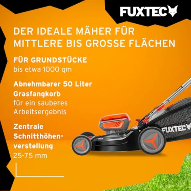 Fuxtec 4in1 Akku Rasenmäher 40V (2x20V) FX-E2RM46 mit 2x20V Li-Ion Batterie 4Ah & Doppelladegerät - Schnittbreite 46cm, Schnitthöhe 25-75mm, 50L Grasfangkorb, Mulch-Funktion, Seitenauswurf – Bild 5