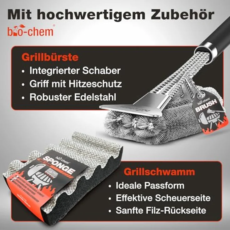 bio-chem Grill- und Backofen Reinigungsset 5-teilig, inkl. Rauchharz-Entferner, Fettlöser, Gerätepflege, Grillbürste und Grillschwamm, für Gasgrill, Edelstahl, Gusseisen, Smoker - Made in DE – Bild 5