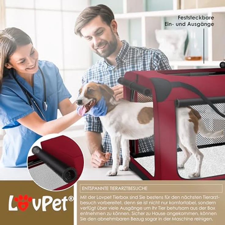 Lovpet® Transportbox Hund Katze Transporttasche L 70x52x52cm | Faltbares Stahlrohr, Waschmaschinenfest, Bordeaux/Rot – Bild 3