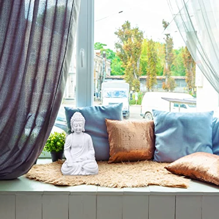 Relaxdays Buddha Figur, wetterfest & frostsicher aus Polyresin, Gartendeko, HxBxT: 30x19,5x12 cm, indoor & outdoor, weiß – Bild 2