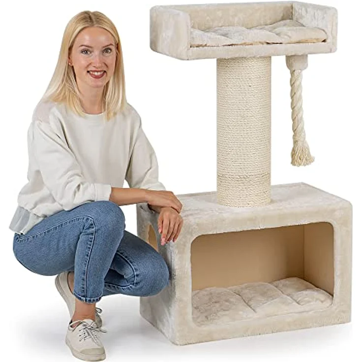 HAPPYPET Kratzbaum stabil 103 cm für große Katzen | Premium Qualität | 18 cm Sisalstämme mit 8 mm dickem Sisalseil | 600g Plüsch | Kratzbaum klein für schwere Main Coon | E1 Zertifiziert – Bild 1