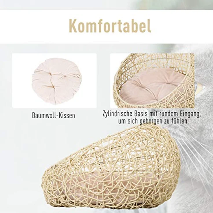 PawHut Katzenbett aus Rattan Katzenhöhle mit Kissen Katzenkorb Hundebett Katzenschlafplatz Hundehütte Tierbett für Katzen Hunde Beige Ø56 x 35 cm – Bild 4